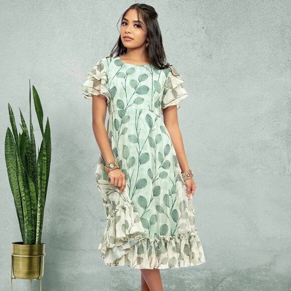 Green and White Printed Dress | Harmony Hues | Muvvas Boutique - Picture 3 of 10